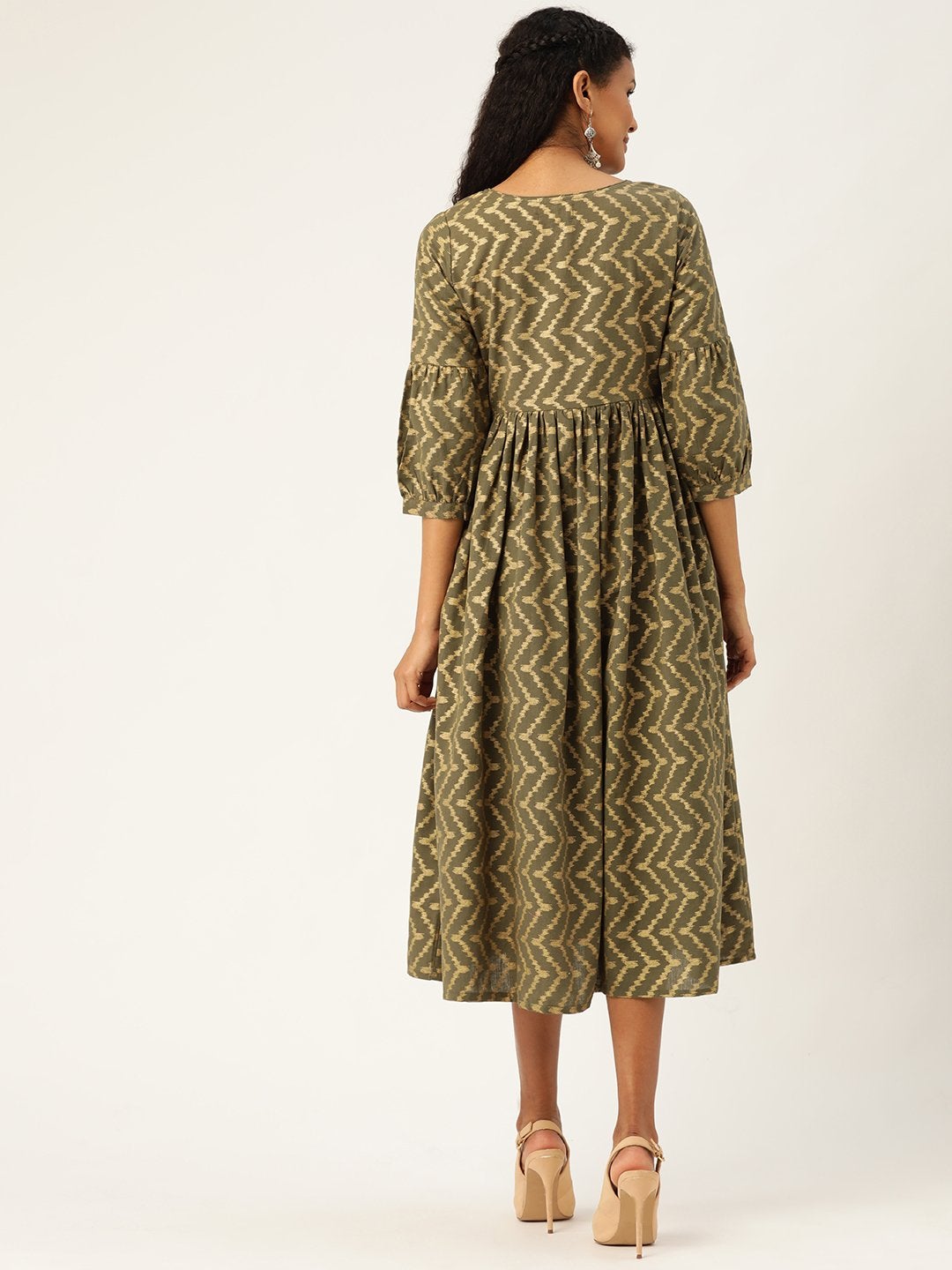 Women's Olive Foil Chevron Gathered Kurta Dress