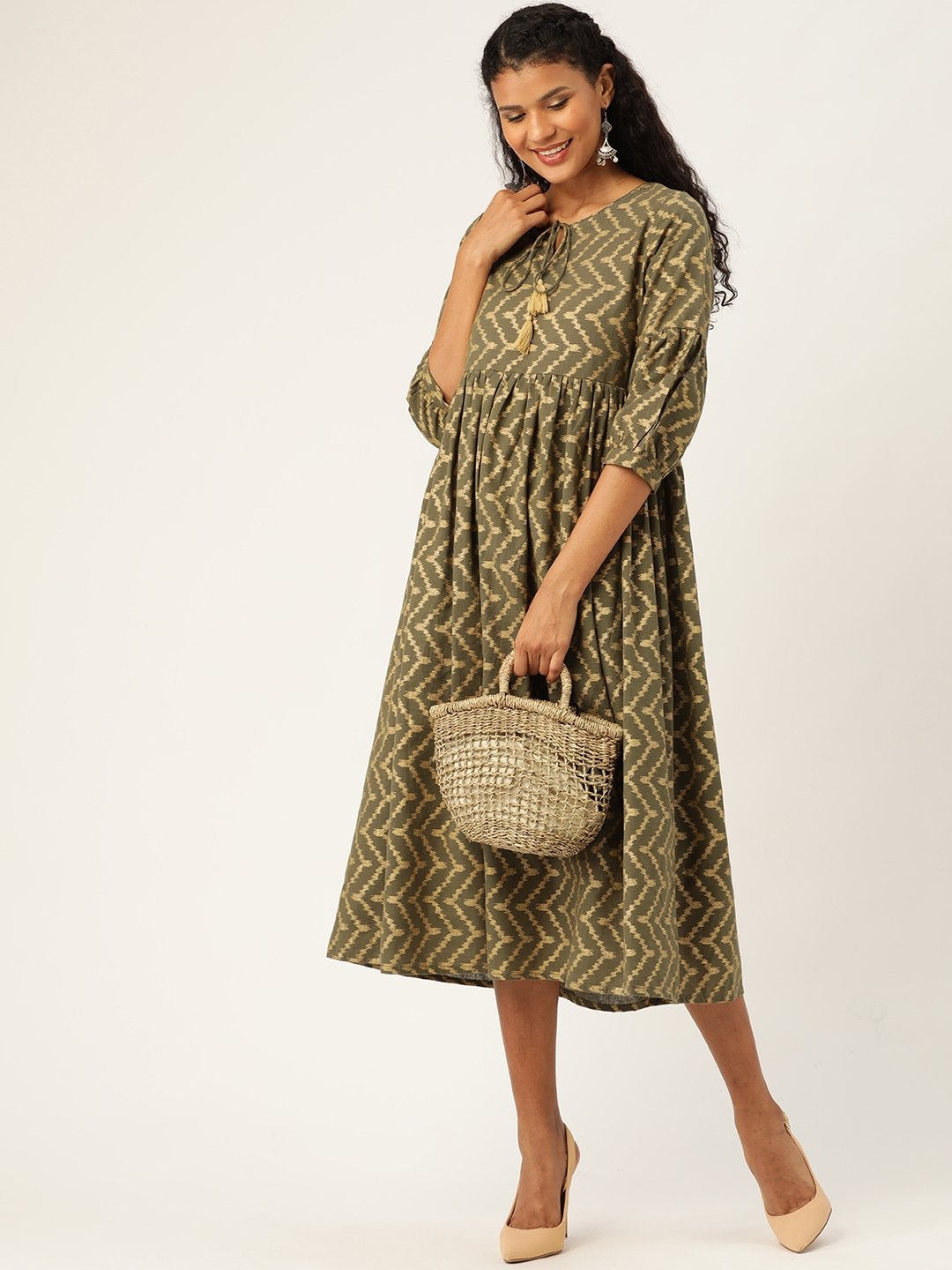 Women's Olive Foil Chevron Gathered Kurta Dress