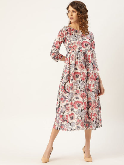 Women's Off-White Floral Gathered Midi Kurta Dress