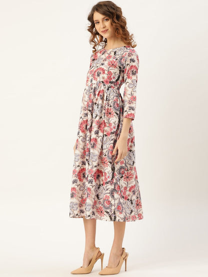 Women's Off-White Floral Gathered Midi Kurta Dress