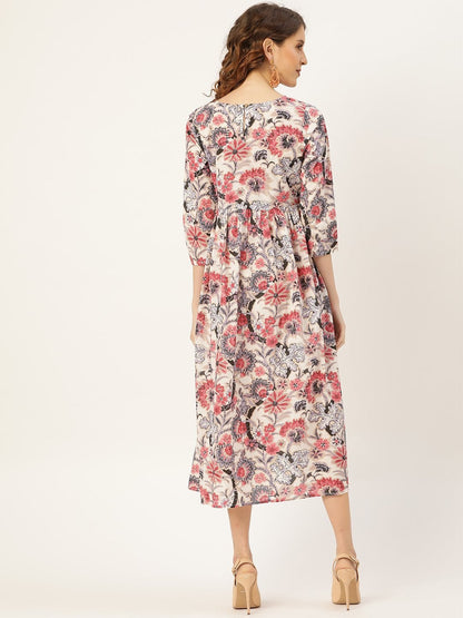 Women's Off-White Floral Gathered Midi Kurta Dress