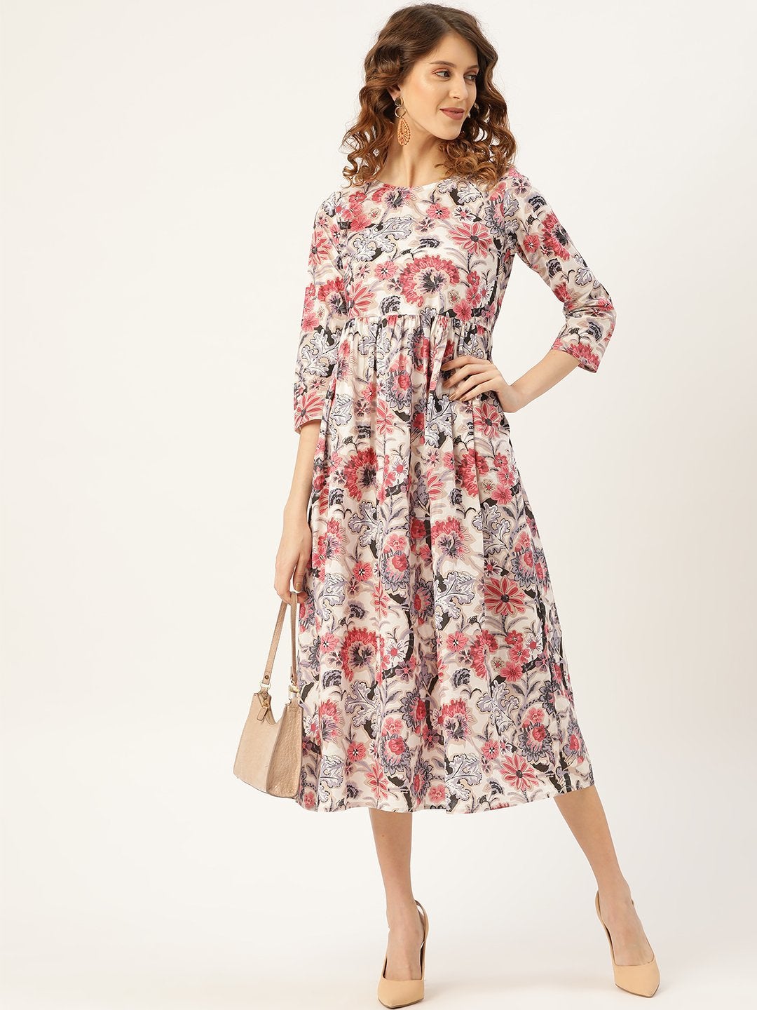 Women's Off-White Floral Gathered Midi Kurta Dress