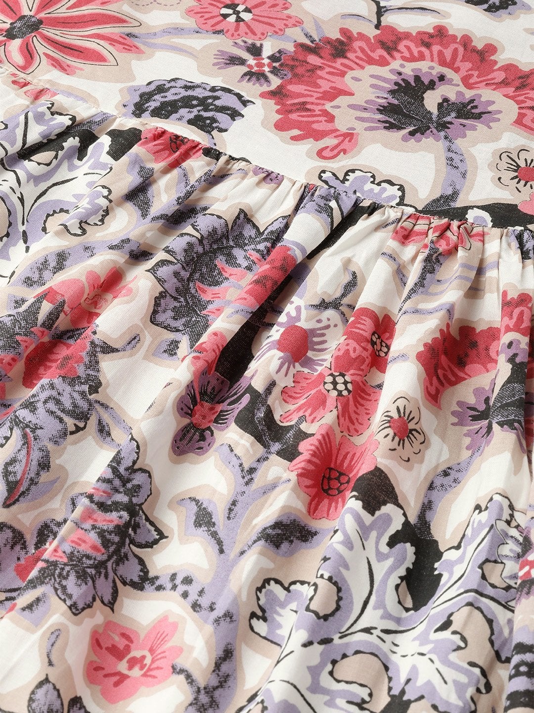 Women's Off-White Floral Gathered Midi Kurta Dress