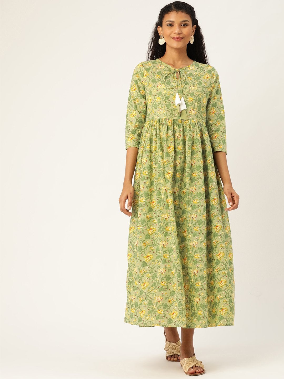 Women's Green Floral Front Keyhole Gathered Kurta Dress