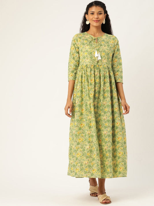 Women's Green Floral Front Keyhole Gathered Kurta Dress