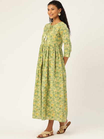 Women's Green Floral Front Keyhole Gathered Kurta Dress