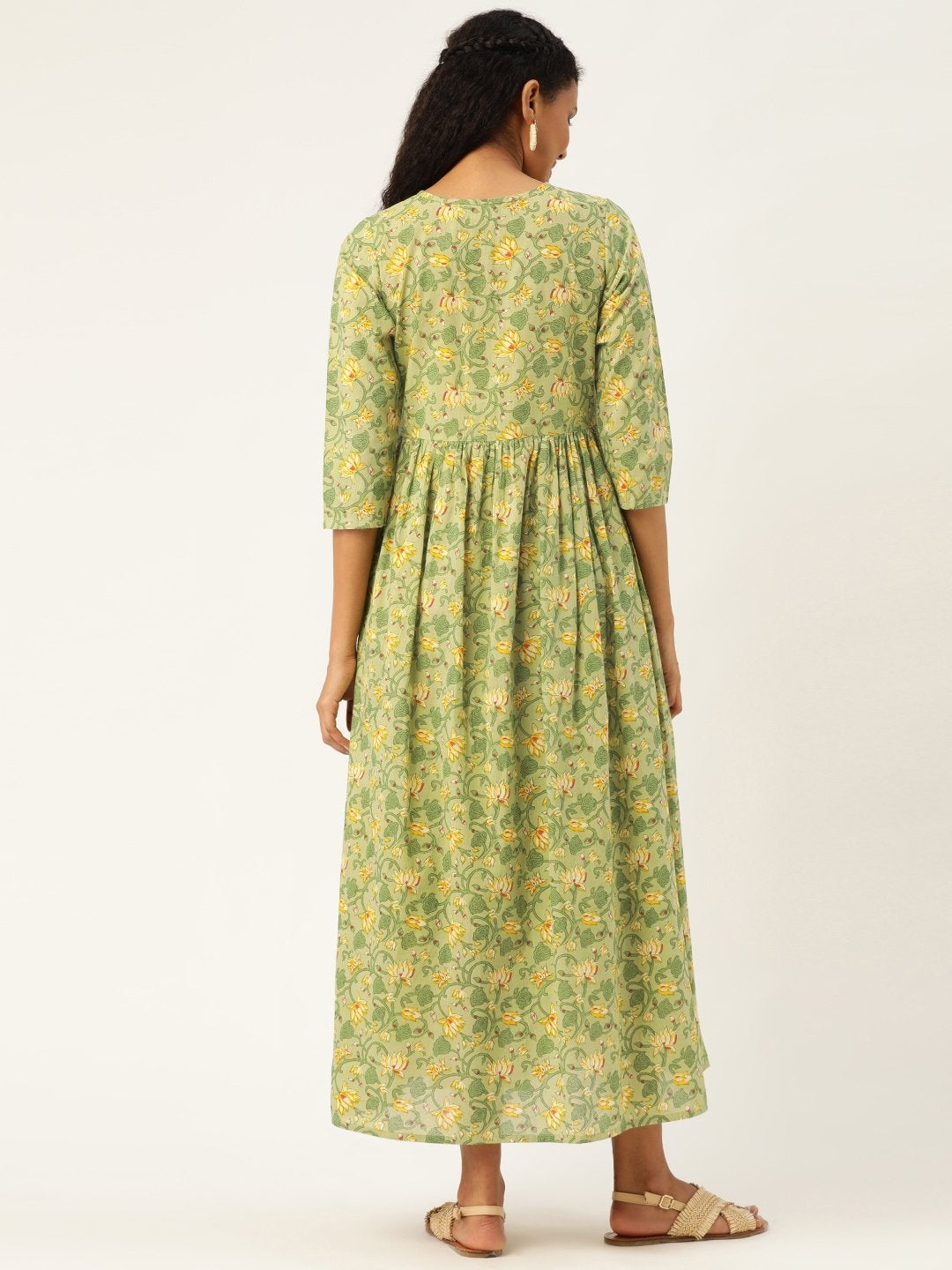 Women's Green Floral Front Keyhole Gathered Kurta Dress