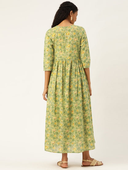 Women's Green Floral Front Keyhole Gathered Kurta Dress