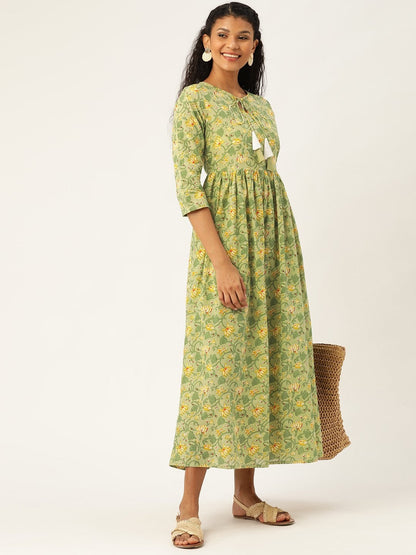 Women's Green Floral Front Keyhole Gathered Kurta Dress