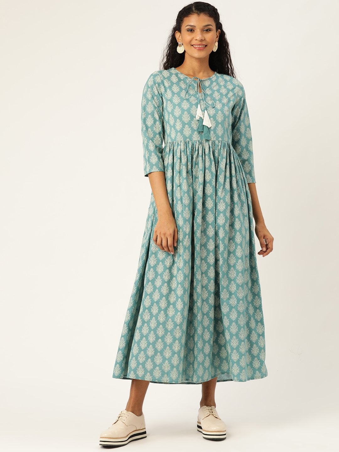 Women's Teal Printed Front Keyhole Gathered Kurta Dress