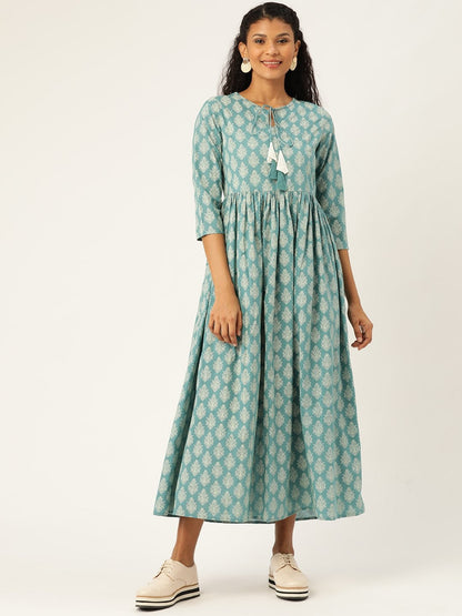 Women's Teal Printed Front Keyhole Gathered Kurta Dress