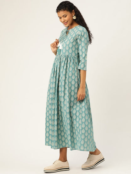 Women's Teal Printed Front Keyhole Gathered Kurta Dress