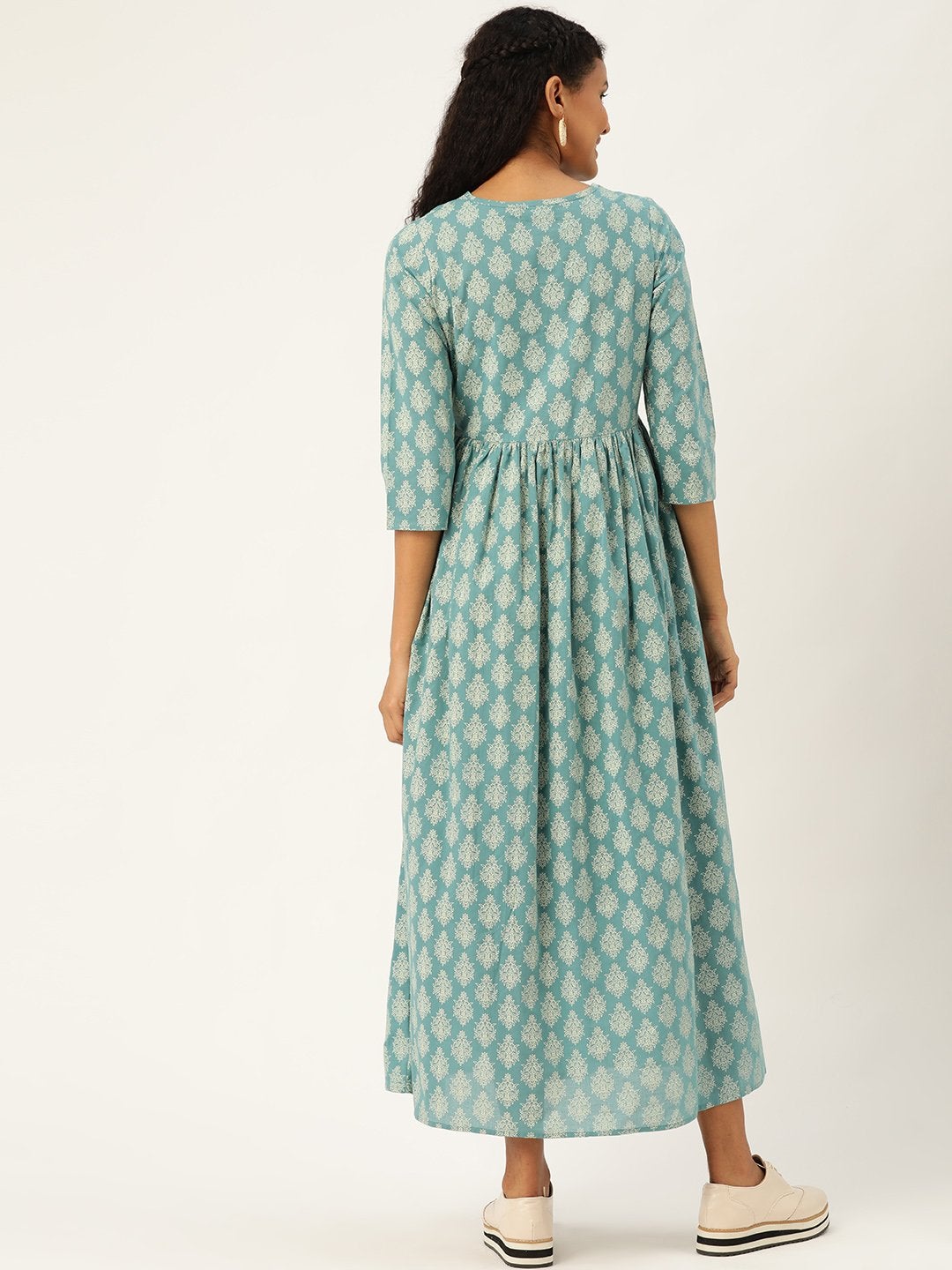Women's Teal Printed Front Keyhole Gathered Kurta Dress