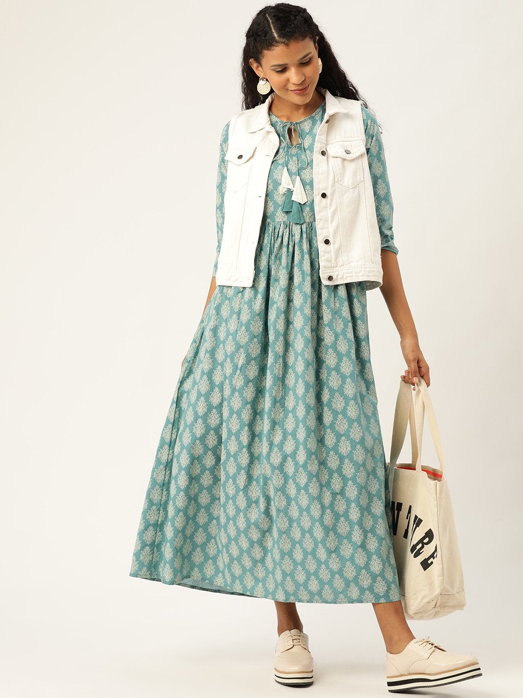 Women's Teal Printed Front Keyhole Gathered Kurta Dress