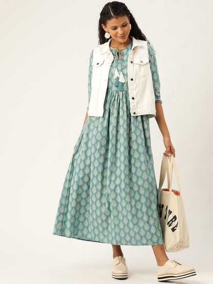 Women's Teal Printed Front Keyhole Gathered Kurta Dress
