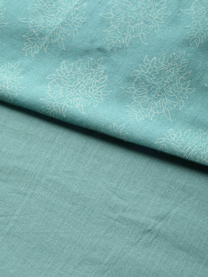 Women's Teal Printed Front Keyhole Gathered Kurta Dress