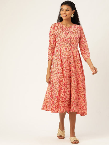 Women's Peach Floral Front Open Kurta Dress