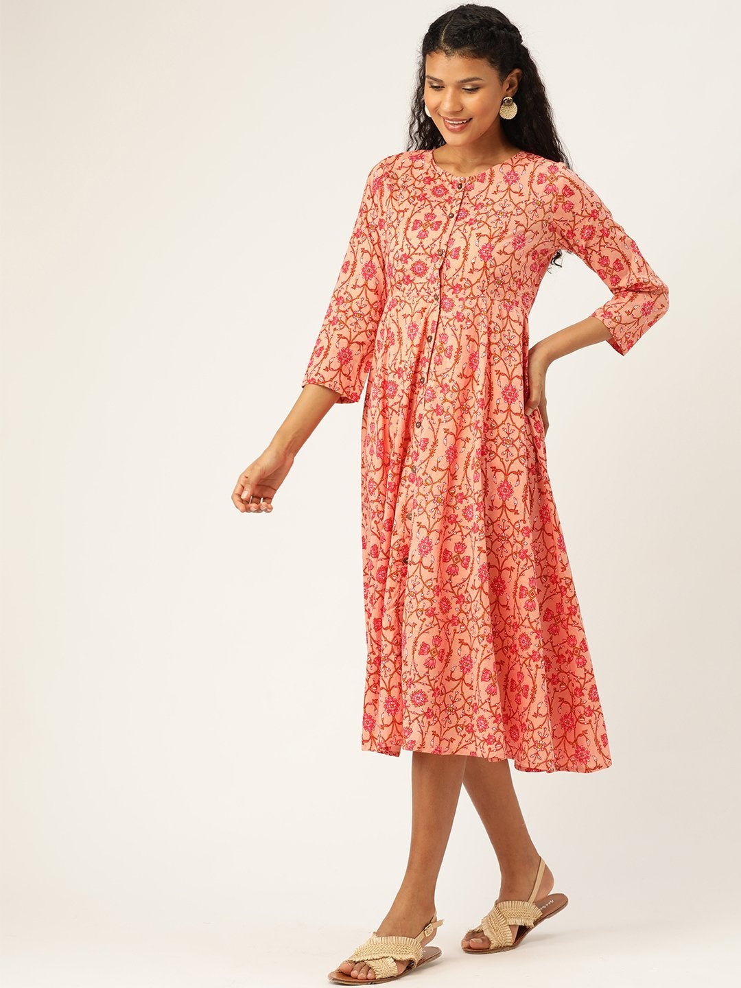 Women's Peach Floral Front Open Kurta Dress