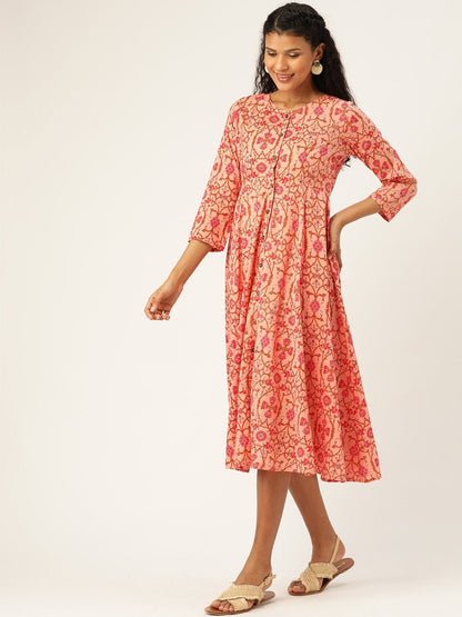 Women's Peach Floral Front Open Kurta Dress