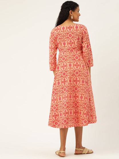 Women's Peach Floral Front Open Kurta Dress