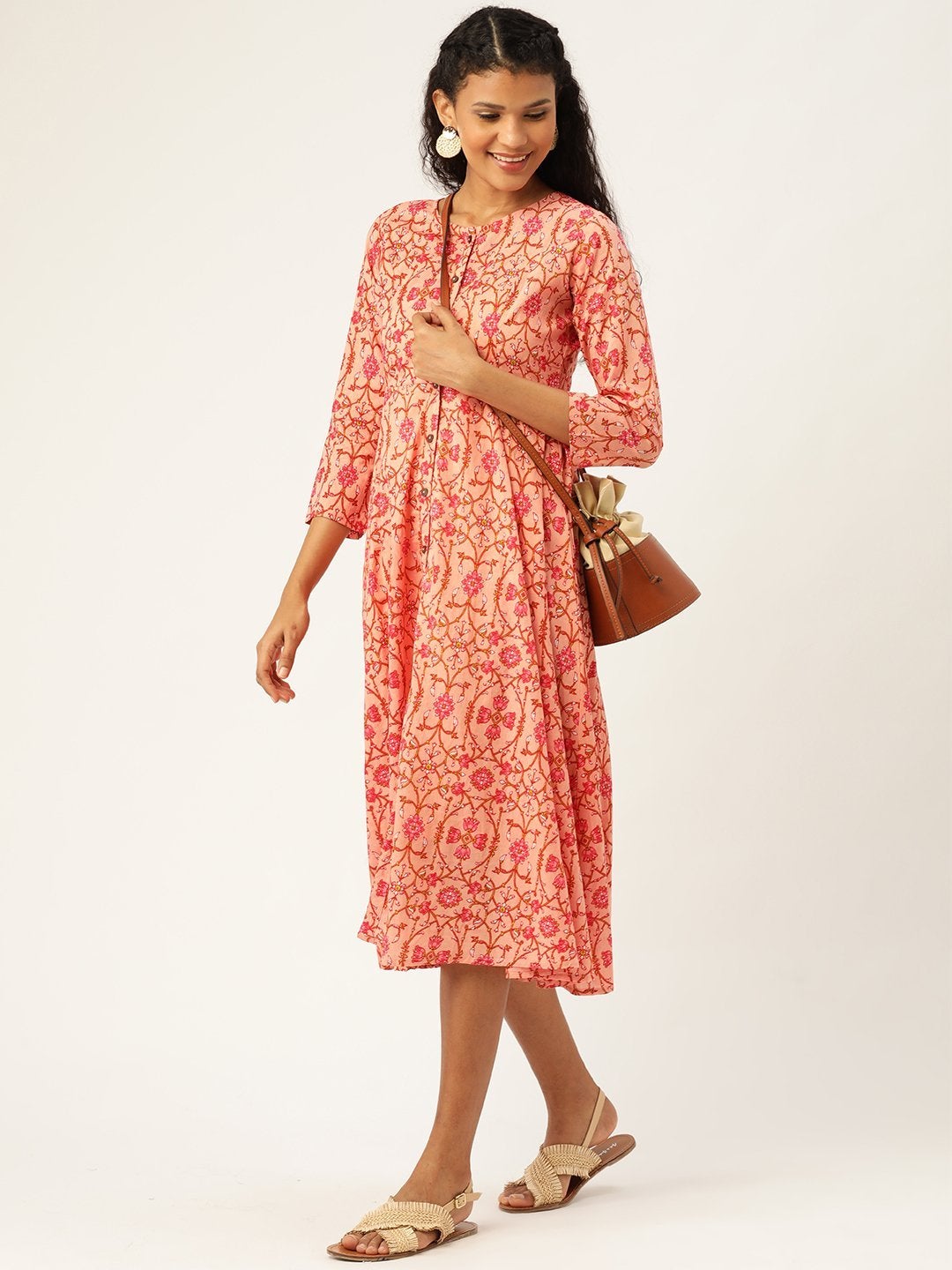 Women's Peach Floral Front Open Kurta Dress