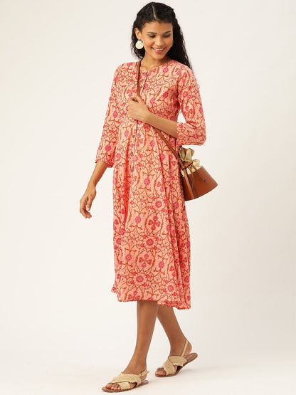 Women's Peach Floral Front Open Kurta Dress