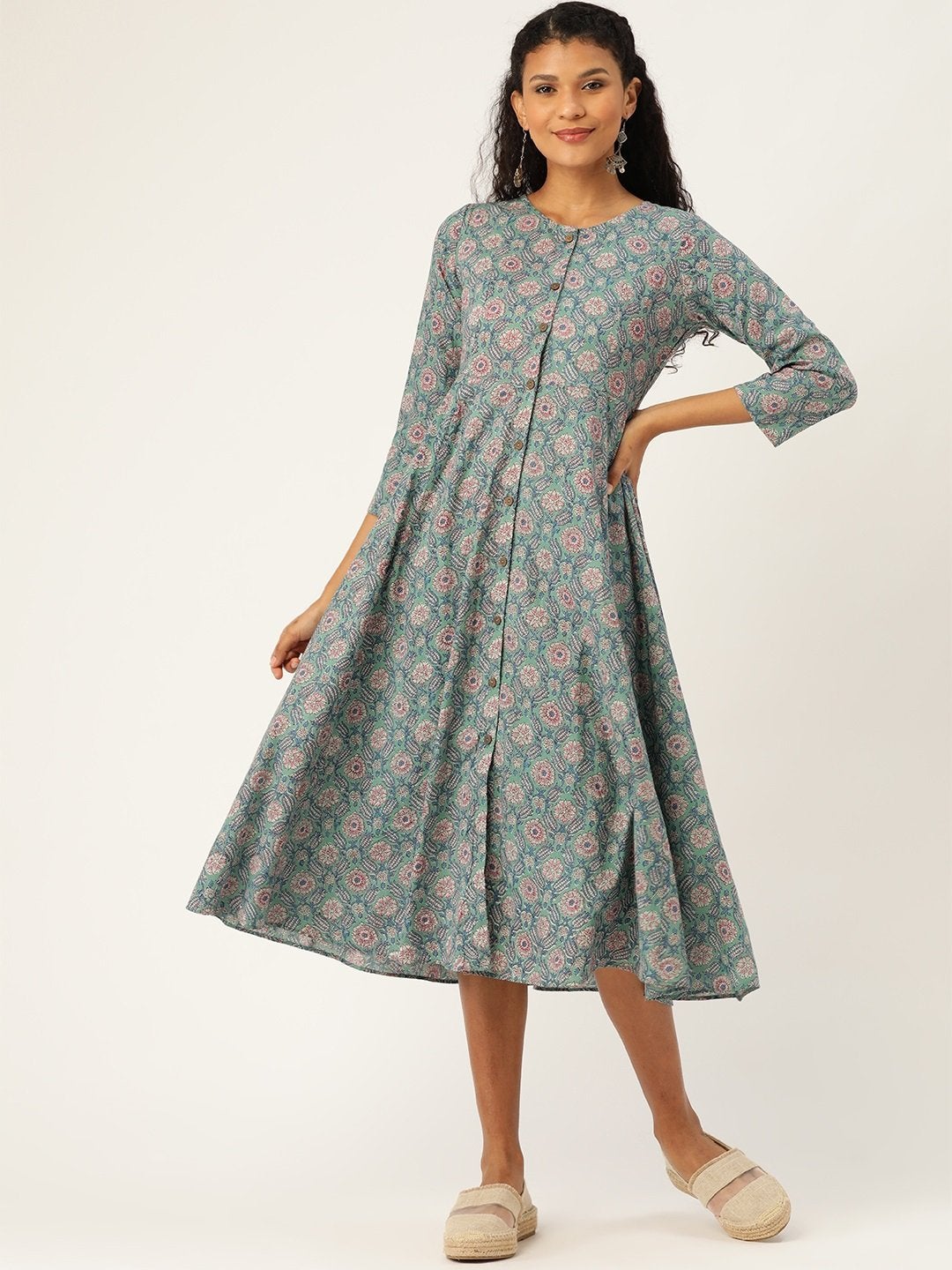 Women's Sea Green Floral Front Open Kurta Dress