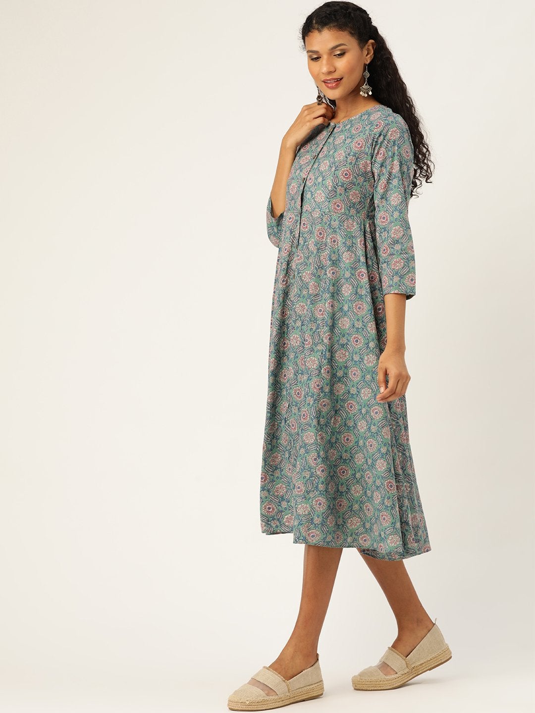 Women's Sea Green Floral Front Open Kurta Dress