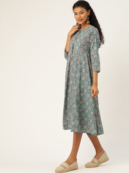 Women's Sea Green Floral Front Open Kurta Dress
