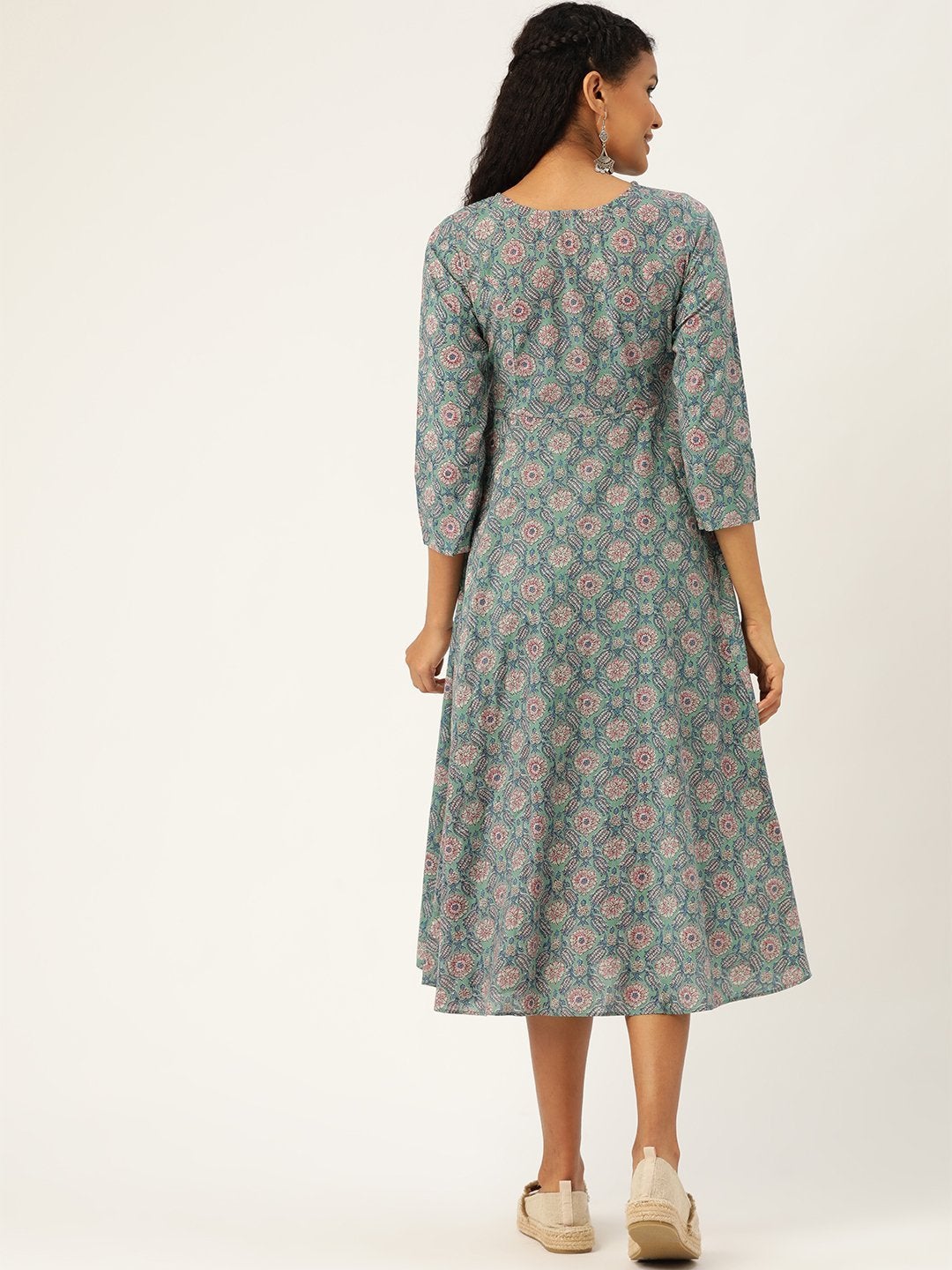 Women's Sea Green Floral Front Open Kurta Dress
