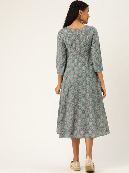 Women's Sea Green Floral Front Open Kurta Dress