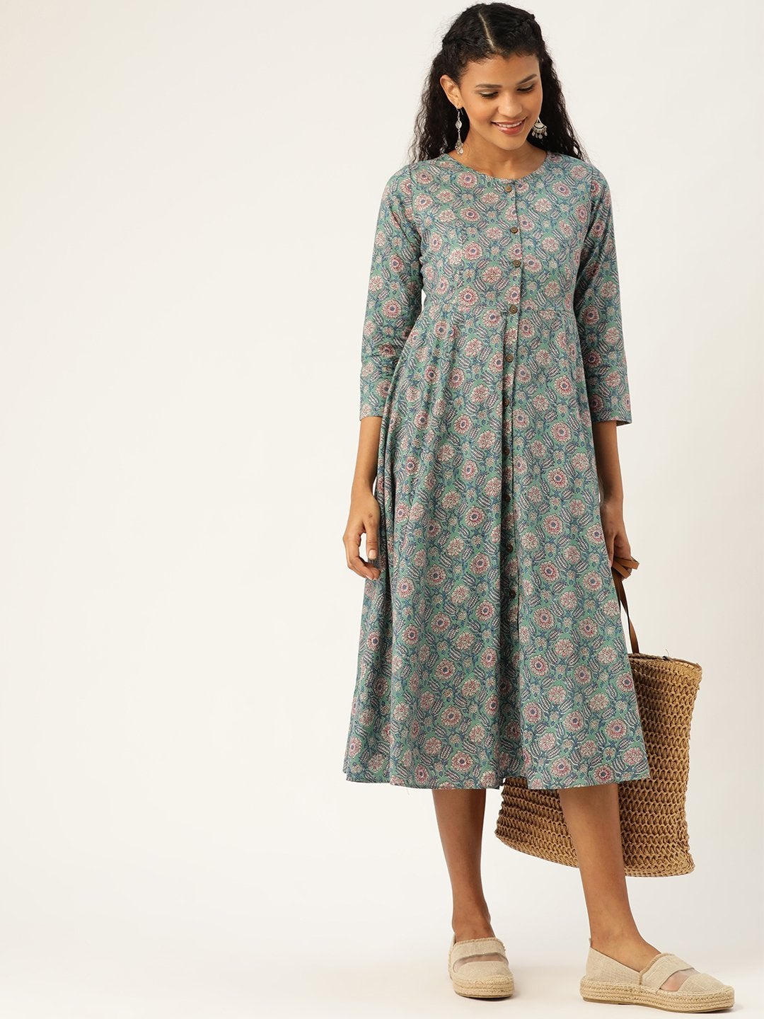 Women's Sea Green Floral Front Open Kurta Dress