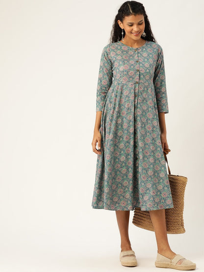 Women's Sea Green Floral Front Open Kurta Dress