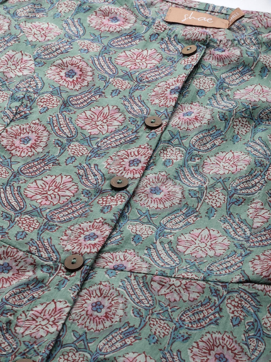 Women's Sea Green Floral Front Open Kurta Dress