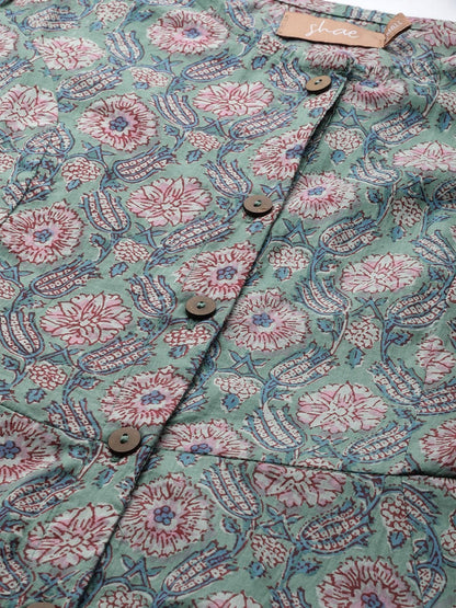 Women's Sea Green Floral Front Open Kurta Dress