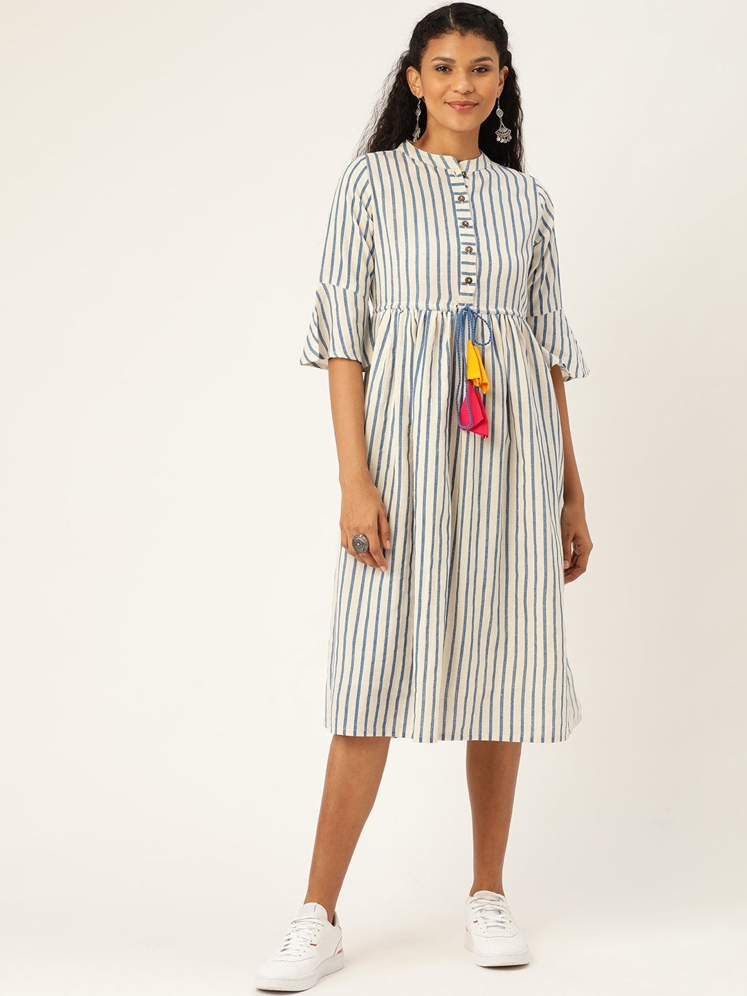 Women's Navy Stripes Drawstring Kurta Dress