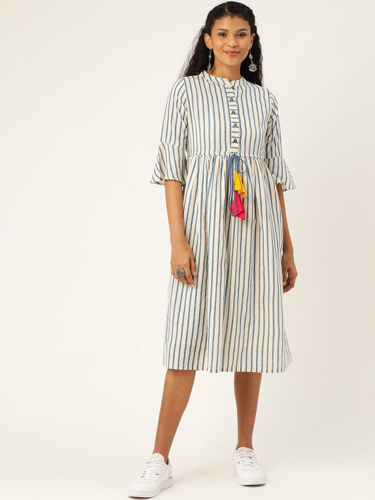 Women's Navy Stripes Drawstring Kurta Dress