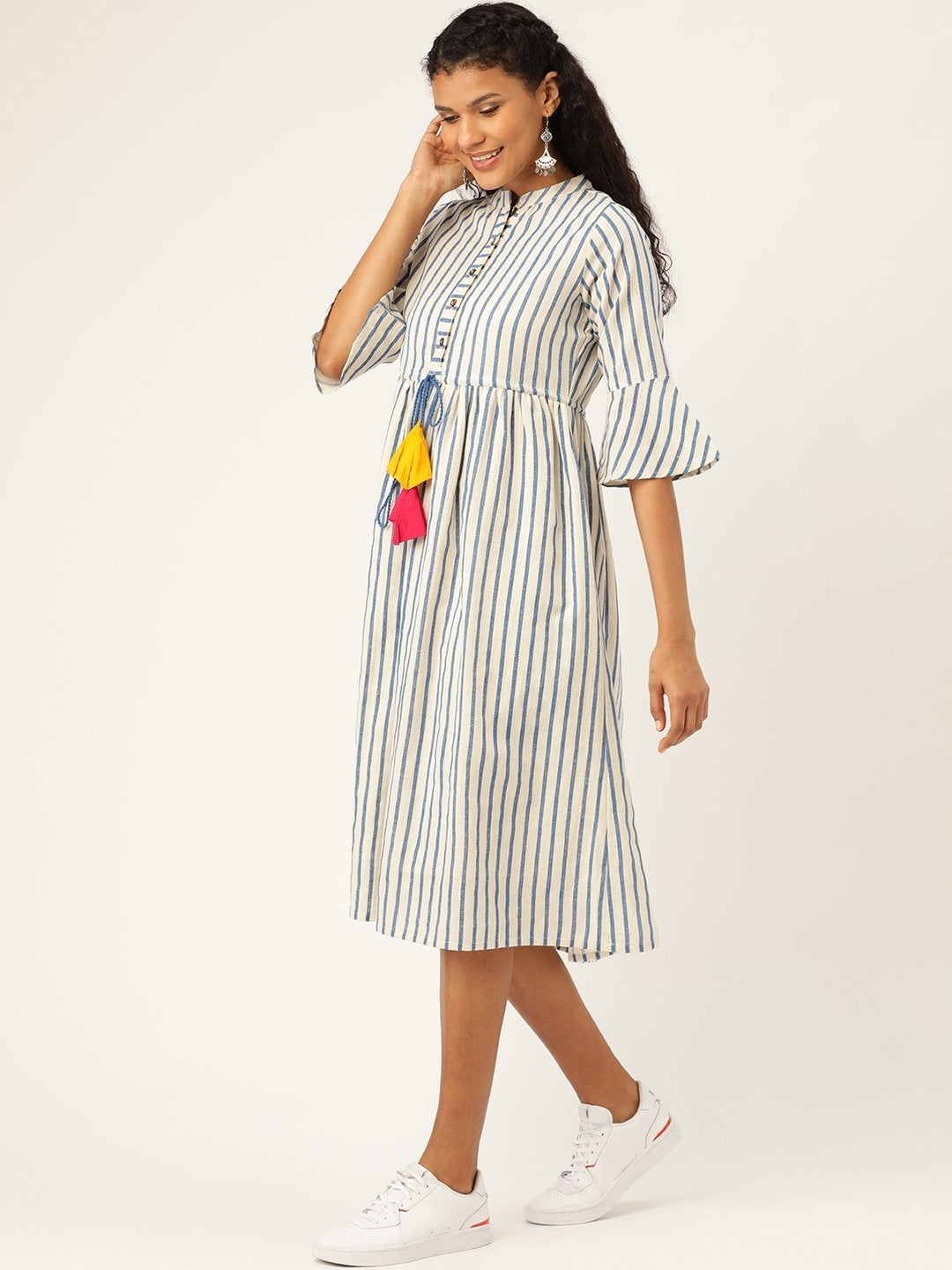 Women's Navy Stripes Drawstring Kurta Dress
