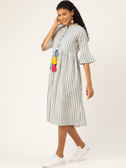 Women's Navy Stripes Drawstring Kurta Dress