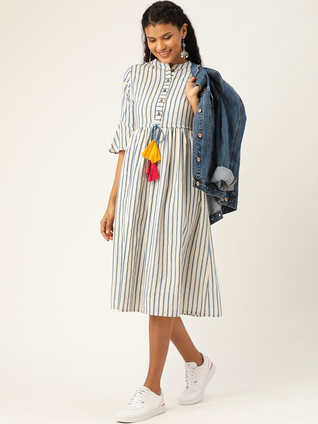 Women's Navy Stripes Drawstring Kurta Dress