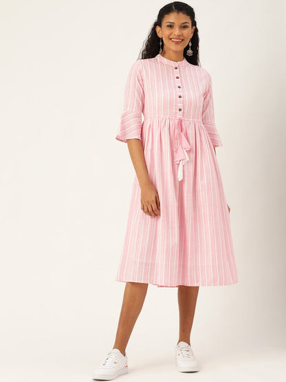 Women's Pink Stripes Drawstring Kurta Dress