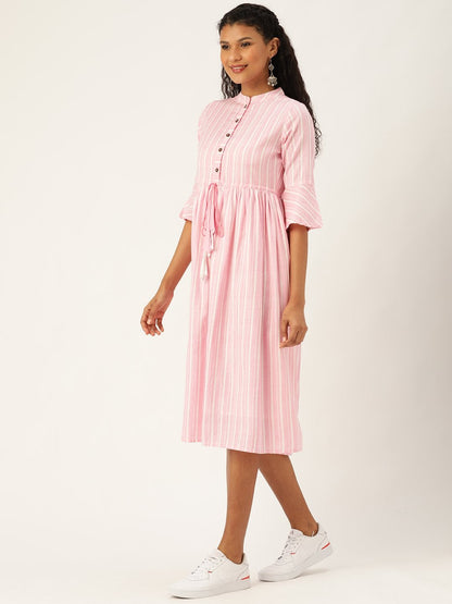 Women's Pink Stripes Drawstring Kurta Dress