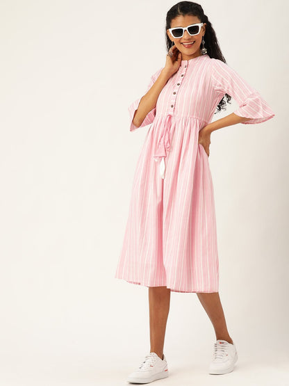 Women's Pink Stripes Drawstring Kurta Dress