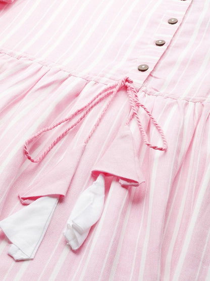 Women's Pink Stripes Drawstring Kurta Dress