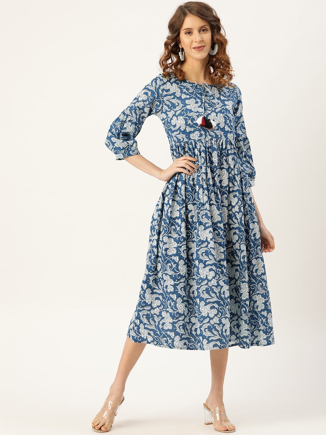 Women's Blue Floral Gathered Kurta Dress