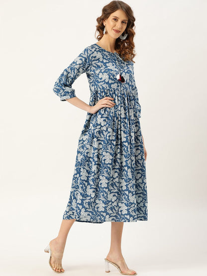 Women's Blue Floral Gathered Kurta Dress