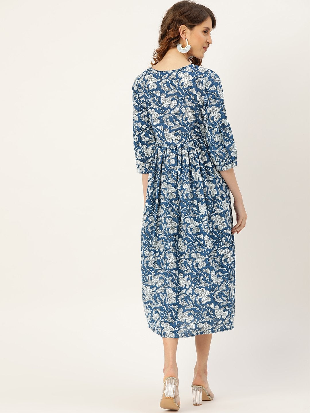Women's Blue Floral Gathered Kurta Dress