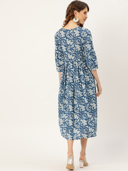 Women's Blue Floral Gathered Kurta Dress