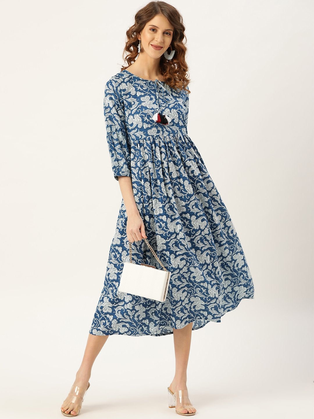 Women's Blue Floral Gathered Kurta Dress