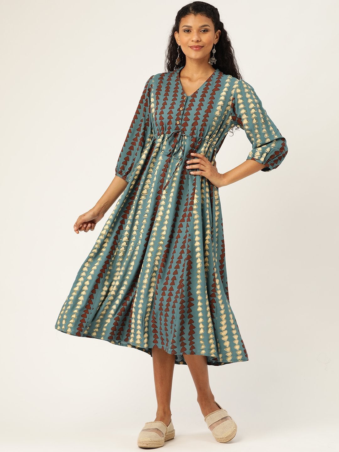 Women's Teal Geo Print Drawstring Kurta Dress